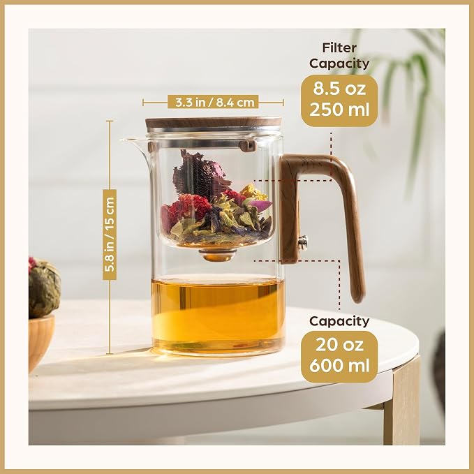 Enchanti Tea Pot - Modern Glass Infuser Teapot - Water Separation Magic Teapot with Heat-Resistant Handle - Elegant Gift Box & Writable Card - Perfect for Loose Leaf Tea - 600 ML (20oz)