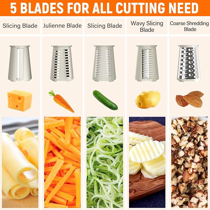 Rotary Cheese Grater Hand Crank, 5-in-1 Vegetable Chopper Spiralizer Slicer | Shredder with 5 Interchangeable Blades for Vegetable, Cheese, Fruit, with Blades Storage Box & Stable Suction Base (White)