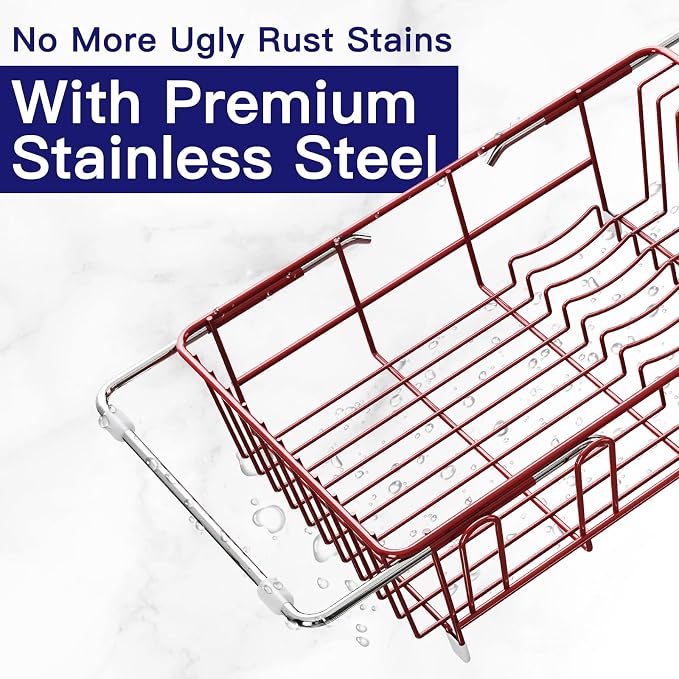 Red Dish Drying Rack Over The Sink with Utensil Holder | Expandable Stainless Steel Dish Drainer for Small Kitchen, Apartment, RV, Counter Space Saving, Perfect Fit, Rustproof