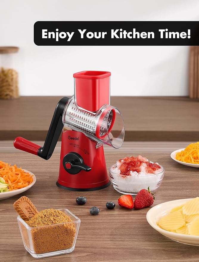 Geedel Upgraded Rotary Cheese Grater, 5 in 1 Cheese Shredder Veggie Slicer | Non-slip Suction Base, 430 Stainless Steel, No BPA, Dishwasher Safe, for Cheese Shredding, Wavy Slicing, Ice Shaving
