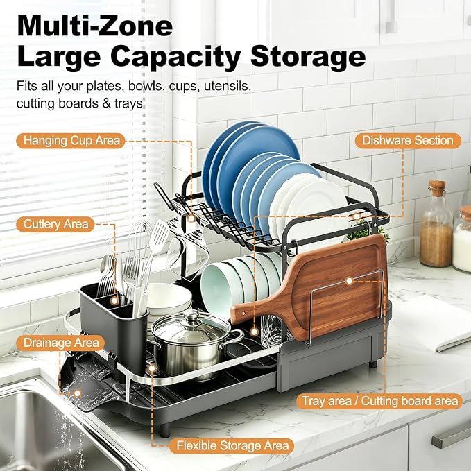 Expandable Stainless Steel 2-Tier Large Capacity Dish Drying Rack, Auto Drain Kitchen Counter Drainer with Rotatable Multi-Slot, Drainboard, Utensil, Cup Cutting Board Holder, 15"-22.4" Adjustable