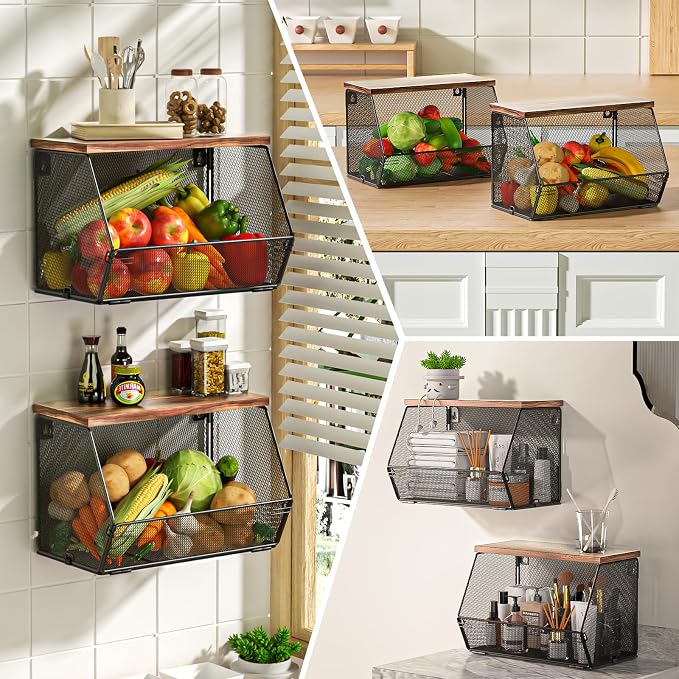 3-Pack Stackable Wire Basket with Wood Lid - Wall Mounted Fruit & Vegetable Bowl for Kitchen, Potato & Onion Storage