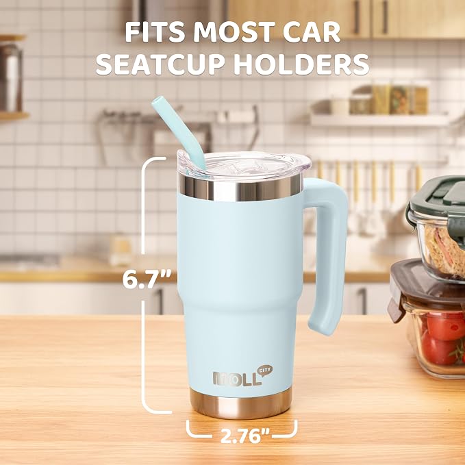 Travel Coffee Mug with Handle 16 oz Stainless Steel Double Wall Vacuum Insulated Tumbler Cup with Lid and Straw (Baby Blue)