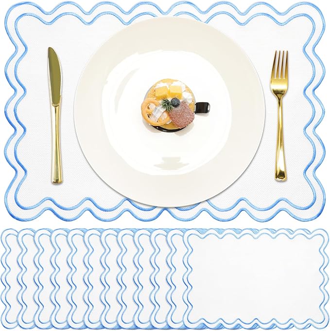 Linen Placemats Set of 12 Scalloped Placemat 13 X19 Wavy Embroidery Double Layered Washable Farmhouse Dinner Fabric Table Mat Napkin for Wedding Party Restaurant(Regular,Sky Blue)