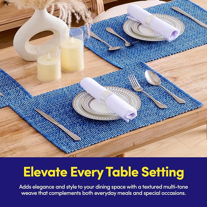 Sweet Home Collection 100% Cotton Placemats for Dining Room Rectangle Two Tone Woven Fabric 13" x 19" Soft Durable Table Mat Set, Set of 4, Dark Blue