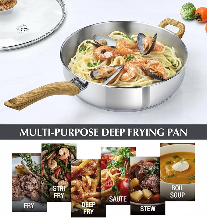 KOCH SYSTEME CS 12 Inch Stainless Steel Saute Pan with Lid, 6 Quart Deep Frying Pan, 18/10 Stainless Steel Saute Pan with Cool-Touch Bakelite Handle, Deep Fry Pan, Induction Ready
