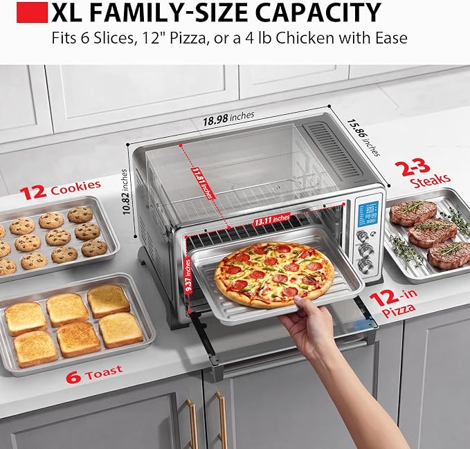 TOSHIBA 10-in-1 Convection Toaster Oven, 6-Slice Countertop Oven, 1500W | Bake, Broil, Rotisserie & Pizza Functions, LCD Knob Controls, 6 Accessories, with Toast, 1500W, Stainless Steel