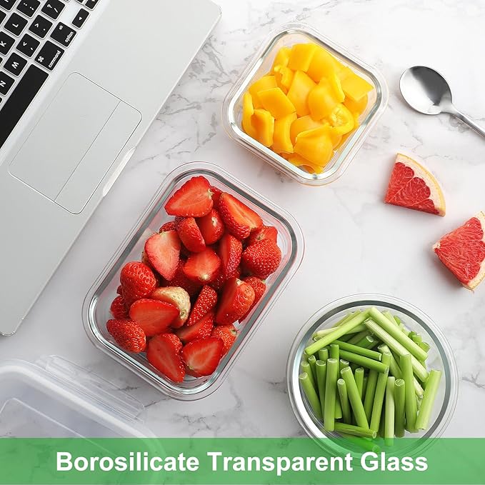 HOMBERKING Glass Food Storage Containers with Lids, [18 Piece] Glass Meal Prep Containers, Airtight Lunch Bento Boxes, BPA-Free & Leak Proof (9 lids & 9 Containers) - Deep Blue
