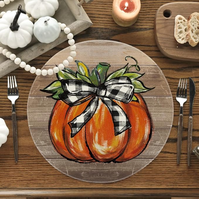 Artoid Mode Wood Pumpkin Bowknot Round Fall Placemats Set of 4-14 Inch | Heat-Resistant, Washable Table Mats, Seasonal Autumn Kitchen Dining Decor