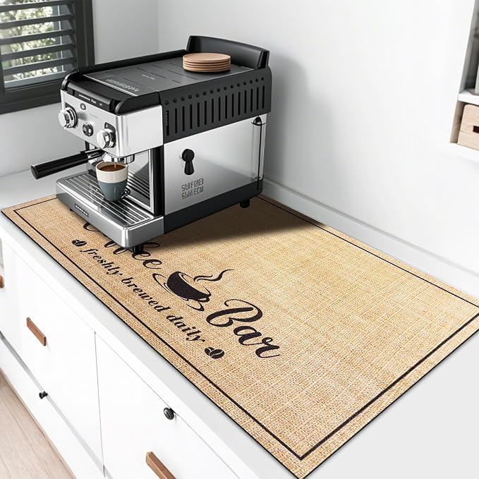 CooRug Fashion Coffee Mat, Dish Drying Mat 17" x 32" Beige | Hide Stain, Absorbent, Coffee Bar Accessories, Heat Resistant, Non-slip, Eco-friendly, Easy to Clean