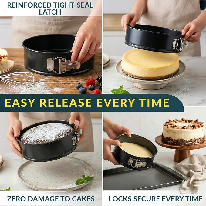 Springform Pan Set of 3, Nonstick Cheesecake Pans 4/7/9" Carbon Steel | Leakproof cake molds with removable bottom & secure latch; even-heat, oven-safe to 450°F