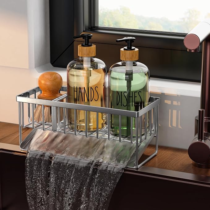 Cisily Kitchen Dish Soap Dispenser Set with 2 Pack 16.9oz Amber Glass Bottle and Sponge Holder, Dish Soap Dispensers with Adjustable Sponge Holder, Vintage Hand and Dish Soap Dispensers Set