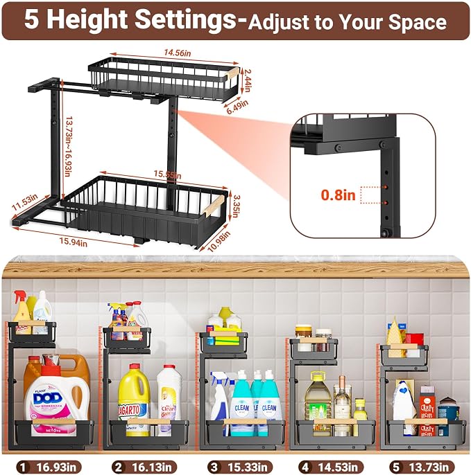 Under Sink Organizers and Storage, 2 Pack L-Shaped Pull Out Cabinet Organizer, 2 Tier Sliding Storage Rack with Adjustable Height, Metal Under Sink Shelf for Kitchen, Bathroom, Pantry, Black