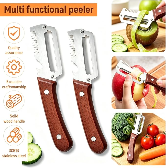 2 Pack Premium Vegetable Peeler with Wooden Handle and Bottle Opener,Stainless Steel Peeler,Vegetable Peeler for Kitchen, Peeling Fruits and Shredding Scallions
