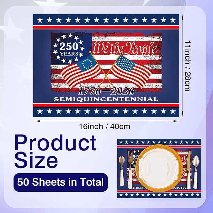 50 Pack Disposable Paper Placemats, Patriotic Table Decor for 4th of July | Independence Day BBQ Party Supplies, America 250th Anniversary