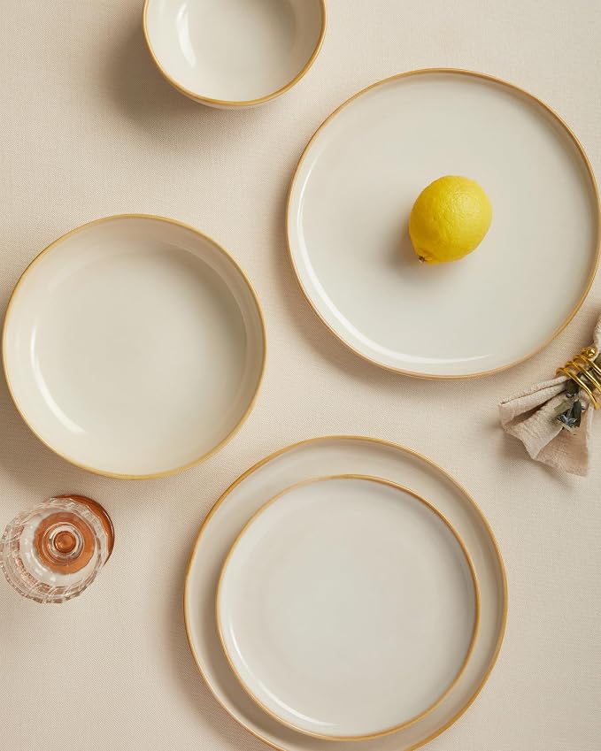 Plates and Bowls Sets, 16 Pieces Dinnerware Set for 4 with Pasta Bowls, Handmade Dishes Set, Chip Resistant Dishware Sets, Microwave Safe Dinner Set, Designed for Interactive Meal, Yellow White