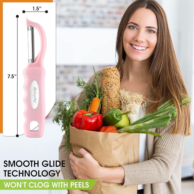 Spring Chef Swivel Vegetable Peeler with Soft Grip Handle, Pink Lemonade | Premium Potato Peeler w/ Ultra Sharp Stainless Steel Blades, Multifunctional Veggie Peeler for Apple, Carrot, Cucumber, Fruit