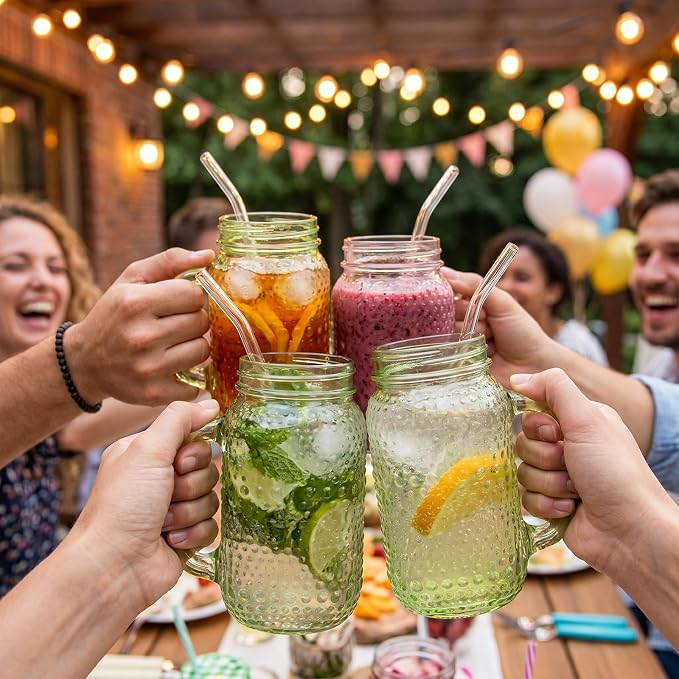 DaYammi 6 Pack 24oz Hobnail Mason Jars Cups Drinking Glass Cups with Lids & Straws, Green Wide Mouth Mason Jars Cups with Handle, Tumblers for Coffee Smoothies, Iced Tea, Juice, Beer, Cocktail