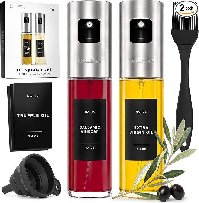 Oil Sprayer Set of 2 – Oil Spray Bottle Made of Stainless Steel & Glass, for Healthy Cooking, Sprayer for Precise Dosage, for Cooking Oil & Vinegar Including 20 Labels, Funnel