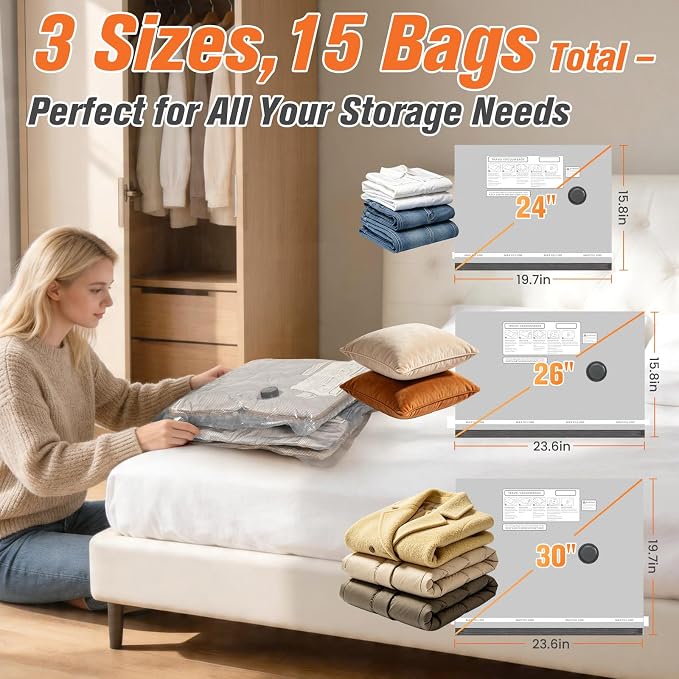 15 Pack Vacuum Storage Bags for Travel with Cordless Pump, Space Saver Bags for Clothes, Compression Packing Bags for Luggage, 15 Combo Size