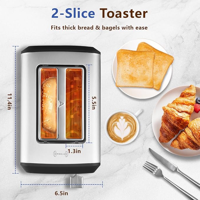 SAKAMOSH 2 Slice Touchscreen Toaster with Wide Slots for Bagels | 6 Browning Levels & 6 Bread Types, Wide Slots for Bagel, Memory Function, Defrost & Reheat & Cancel & Timer, Stainless Steel