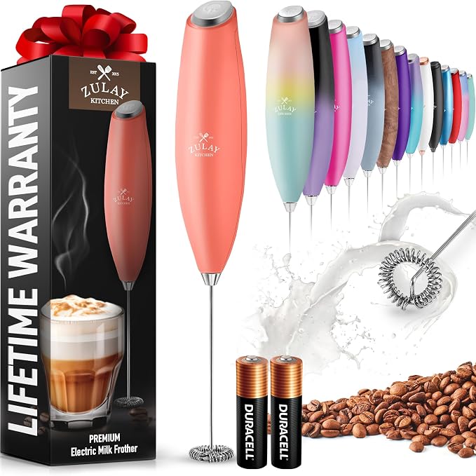 Zulay Powerful Milk Frother for Coffee with Upgraded Titanium Motor - Handheld Electric Whisk, Milk Foamer, Mini Mixer & Coffee Blender for Frappe, Latte, Matcha, No Stand - Peaches and Cream