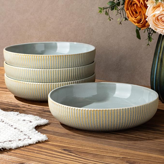 8.5" Ceramic Pasta Bowls Set of 4, Salad Bowls | Versatile Serving Bowls for Pasta, Salad, Fruit & Noodles, Housewarming & Wedding Gift, Desert Sage