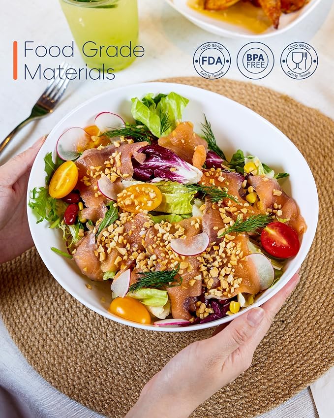66 OZ Salad Bowl Set of 2, 10 Inch White Opal Glass Oval | Ultra-thin lightweight serving dish with microwave & dishwasher safe design, perfect for salad, fruit and kitchen use