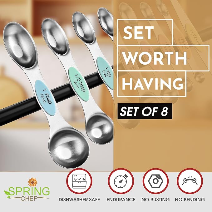 Spring Chef Stainless Steel Magnetic Measuring Spoons Set of 8, Pastel | Dual Sided Metal Teaspoon & Tablespoon Measuring Spoons with Leveler for Dry & Liquid Ingredients, Fits in Kitchen Spice Jars