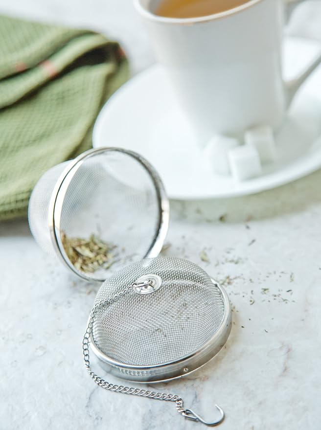 Fox Run - 5143 Fox Run Spice Infuser/Tea Ball, 3 x 3 x 3 inches, Metallic | Large 3" Round Tea Infuser | Spice Infuser For Cooking | Easily Hang On Pots & Mugs | Stainless Steel Mesh Infuser & Strainer