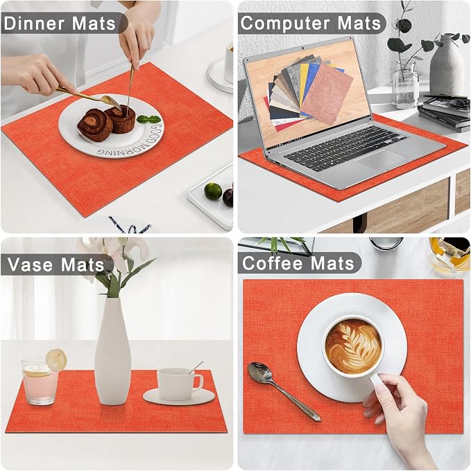 Homaxy PU Faux Leather Placemats for Dining Table, Set of 6, Orange | Waterproof Wipeable Washable Table Mats, Easy to Clean Anti-Slip Place Mats, 11.8" x 17"