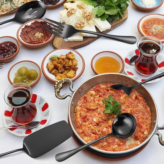 A · HOUSEWAR Black Flatware Serving Set 7 Piece Stainless Steel Catering Utensils include Soup Ladle Large Slotted Spoon Big Server Fork12” Cake Knife Pizza Spatula Parties Buffet