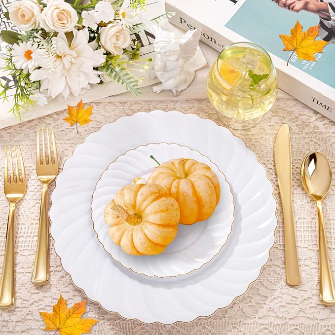 YOUBET 125PCS White and Gold Plastic Plates for Wedding Parties | White Plates Disposable with Gold Rim Include 25 Dinner Plate 25 Dessert Plate 75 Gold Silverwares