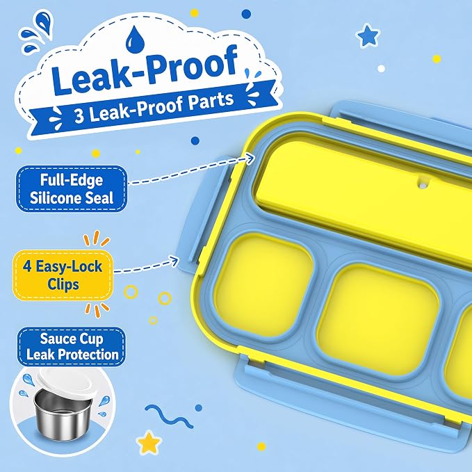 Stainless Steel Bento Lunch Box for Kids Adult, Metal Lunch Box Containers for Boys Girls School, 4 Compartment Leak Proof Lunch Containers with Sauce Cup, Fork and Spoon & Fruit Picks, Yellow Blue