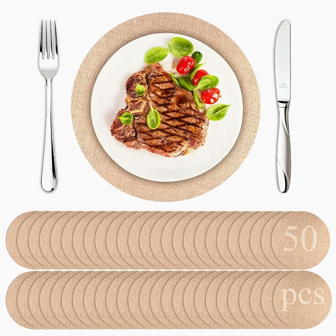 50 Pcs Round Burlap Placemats Bulk 11.8 Inch Reusable Jute Placemats, Rustic Round Charger Plates Bulk for Wedding Dinner Party Table Decorations