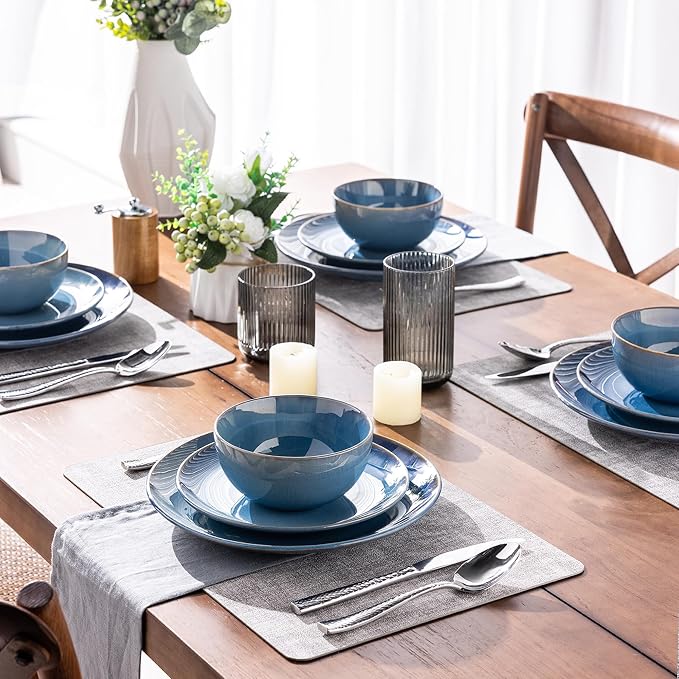 GBHOME Dinnerware Sets for 6, 24 Pieces Ceramic Plates and Bowls Set | Scratch Resistant Stoneware Dishes Set, Dishwasher & Microwave Safe, Reactive Glaze-Blue