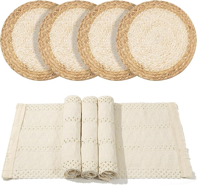 Handmade Boho Placemats Set of 4 | Natural Woven & Fabric Cotton Combo Table Mats | 8-Piece Versatile Place Mats | Rustic Farmhouse Style Dining Table Decor