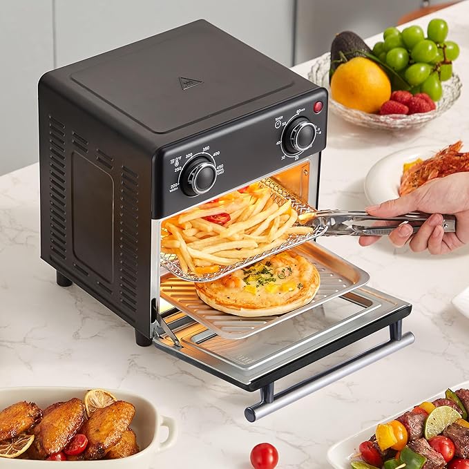 Elite Gourmet Compact Mini Air Fryer Oven, 8.5Qt, 800W, Black | Adjustable Time & Temperature Controls - Includes Air Fry Basket, Bake Pan & Recipes - Great for Countertop Use