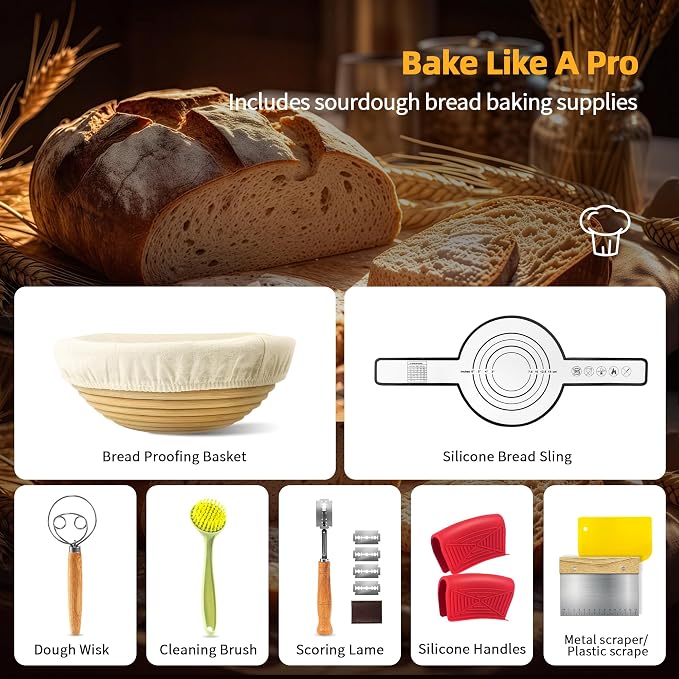 Pre-Seasoned Cast Iron Dutch Oven Pot with Skillet Lid, 5 Qt | 2-in-1, Evenly heated, Includes Proofing Basket Sourdough Starter Kit, For Bread Baking, Camping, Frying and Braising