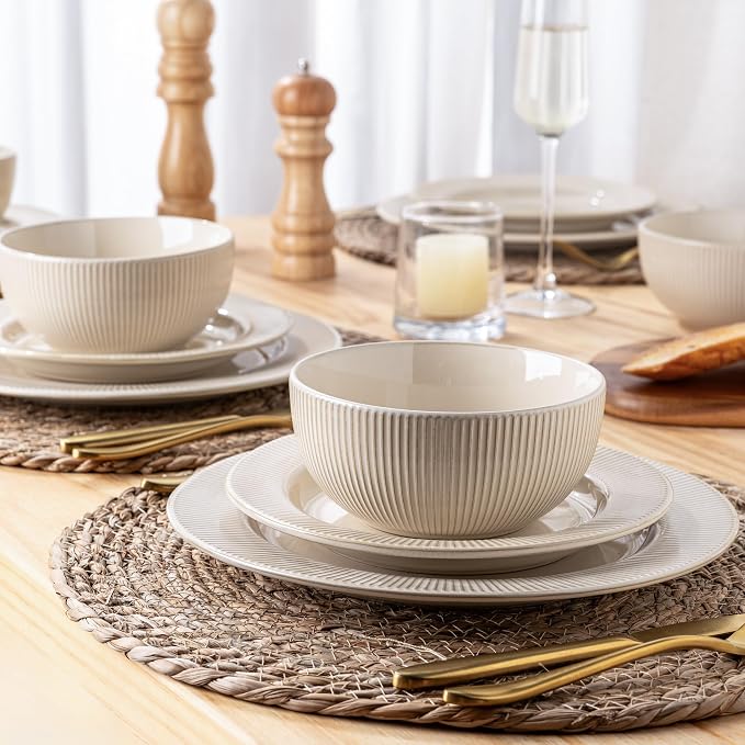 GBHOME Ceramic Dinnerware Sets of 4,12 pcs Plates and Bowls Sets Dishes | Embossed Elegant Stoneware Dishes Set | Dishwasher & Microwave Safe | Service for 4