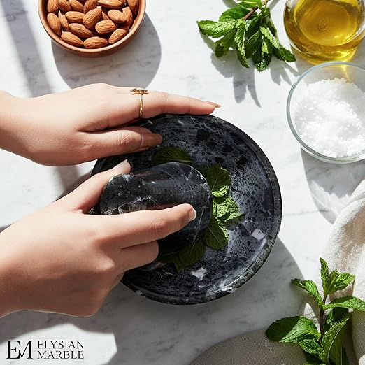 Mortar and Pestle Set, Black Marble 5.5 Inch Wide Shallow Mortar with Pestle, Manual Spice Grinder for Herbs, Garlic, Ginger, Pesto, Guacamole, Salsa and Fresh Seasoning