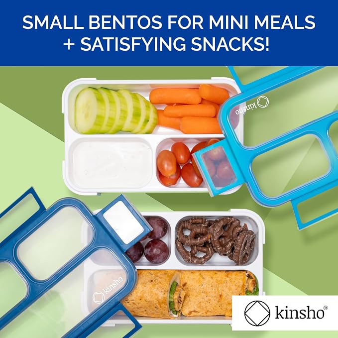 kinsho Small Snack Box Containers for Kids Toddlers, Set of 2 (Navy+Blue) | 3 Compartments, Leak-Proof, Spill Proof, BPA-Free Reusable Small Mini Bento Lunch Box for Daycare School Travel, Holds 2 Cups