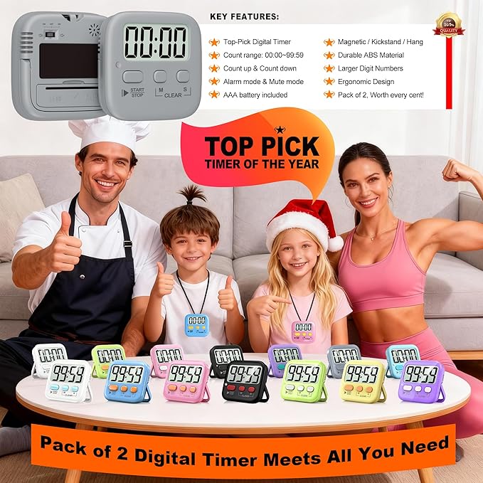 2 Pack Digital Timer for Kids Classroom Kitchen Timers for Cooking | w/ Battery, Easy to View, Alarm, Mute Mode, Count Down/Up, Magnetic, Kickstand, Hanging, Classroom Timer for Teacher Supplies