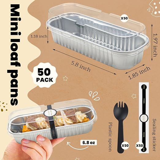 NPLUX Foil Loaf Pans with Lids, 50 Pack Silver 6.8oz for Takeout Meals | Use for mousse layers, cheesecake squares, blondies and candies; single-base workflow helps limit dish handling.