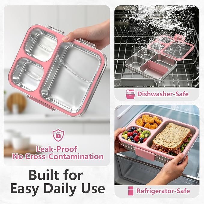 LOHASOK Stainless Steel Bento Lunch Box, 34oz/1000ml, Pink | 3-Compartment, Leak Proof, Lightweight, Clear Plastic Lid, for Kids Adults, BPA/BPS Free, Dishwasher Safe