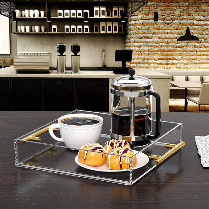 NIUBEE Acrylic Tray 12x12 Inches - Clear Serving Tray Organizer with Handle | Spill-Proof tray for Coffee Table, Ottoman | Decorative Tray for Breakfast in Bed, Drink Serving & Home Organization