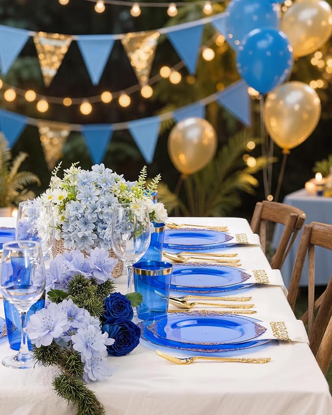 Nervure 175Pcs Blue Plastic Plates, Disposable Party Plates for 25 Guests | 25 7.5" Dessert & 25 10.25" Dinner Plastic Plates, 75 Gold Cutlery, 25 9oz Cups, 25 Napkin for Wedding & Party, Heavy-duty