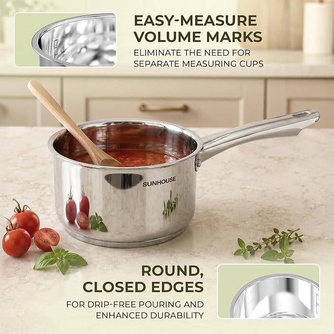 SUNHOUSE 3 QT Stainless Steel Sauce Pan with Lid, Small Pot for Cooking | PFOA-Free Uncoated Milk Pan & Butter Warmer, Mini Saucepan with Impact Bonding Base for Induction, Gas, Electric