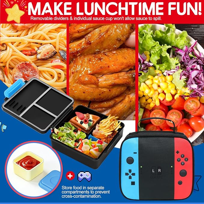 Bento Lunch Box for boys,60 OZ Insulated Bento Lunch Box with 8OZ Leakproof Leak Proof Thermos Food Jar, 3-4 Compartments Bento Box for School, BPA-Free Dishwasher Safe (Blue Red-Lunch Bag)