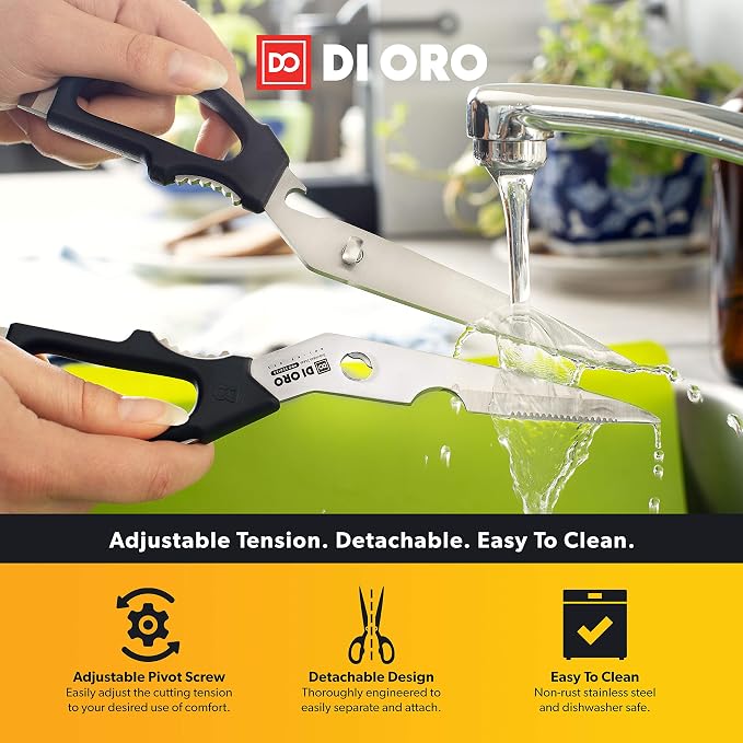 DI ORO Kitchen Shears - Heavy-Duty Stainless Steel Scissors | Cuts poultry, herbs, meat, and packaging; Comes apart for a full dishwasher clean; Micro-serrated blades grip and hold